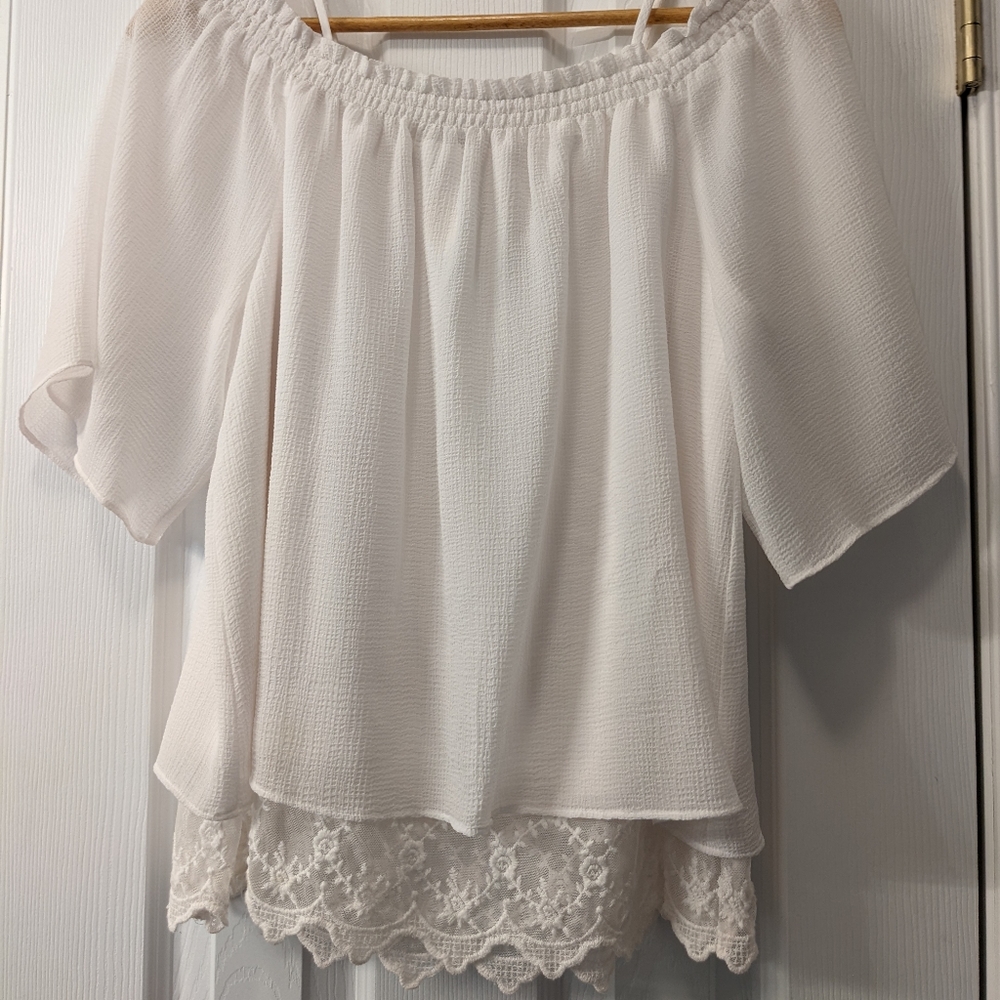 White sheer flowy layered off-shoulder top